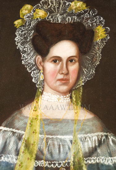 Folk Art Portrait of Lady Wearing Bonnet with Yellow Ribbons, Puffy Sleeves
Likely by the combined hands of John Grout and Ruth Whittier Shute
Circa 1835, entire view